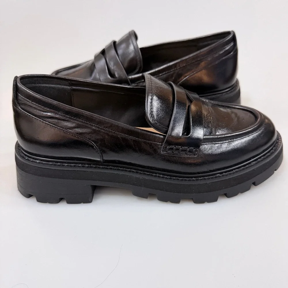 Gianni Bini Black Leather Lug Sole Penny Loafers - 7.5 Dark Academia Y2K Style - Picture 2 of 7